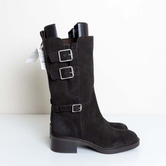 Zara Buckled Biker Boots Split Leather Dark Brown Round Toe EU 40 - Picture 2 of 16